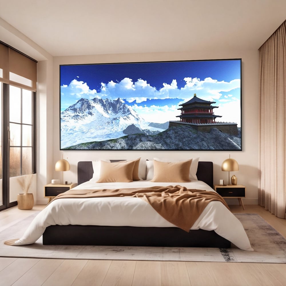 Tablou canvas cu tablou canvas cu pagoda si munti inzapeziti, in rama de aluminiu negru, pe perete intr-un dormitor